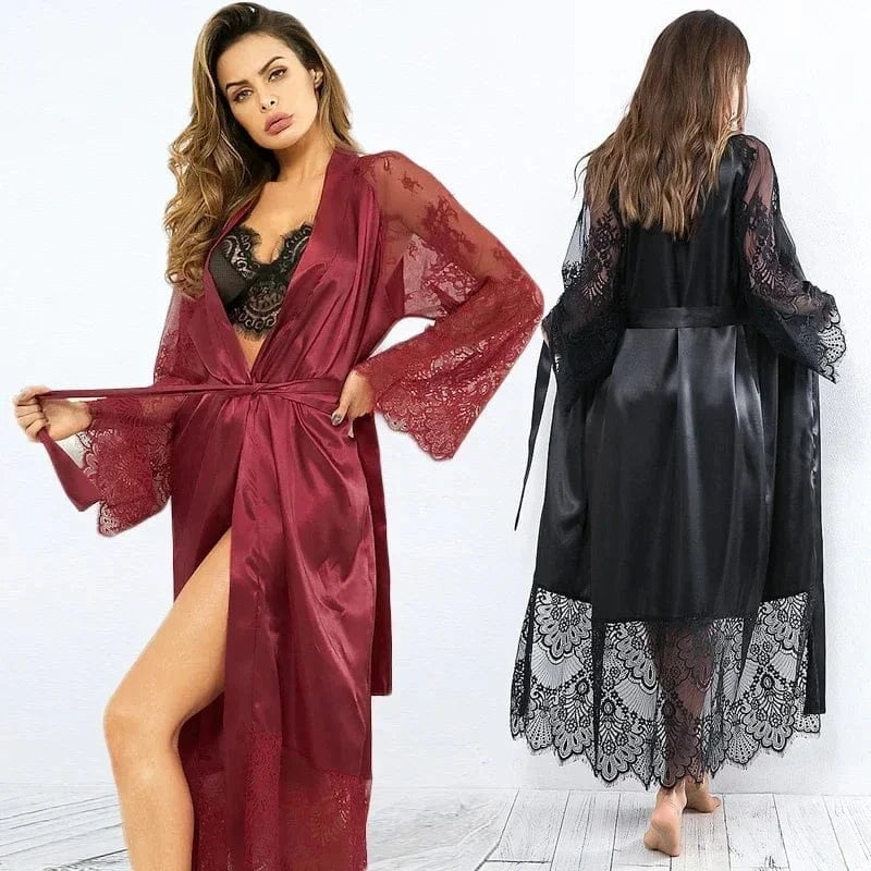 Sleepwear Women's Bathrobe Sexy Lingerie Lace Satin Kimono Sleep Long Dress Robes Pajamas Nightgown - A-1 Thread Vault