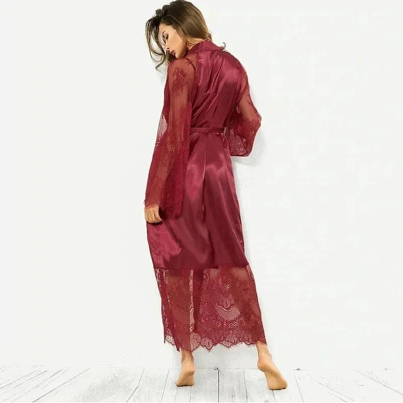 Sleepwear Women's Bathrobe Sexy Lingerie Lace Satin Kimono Sleep Long Dress Robes Pajamas Nightgown - A-1 Thread Vault