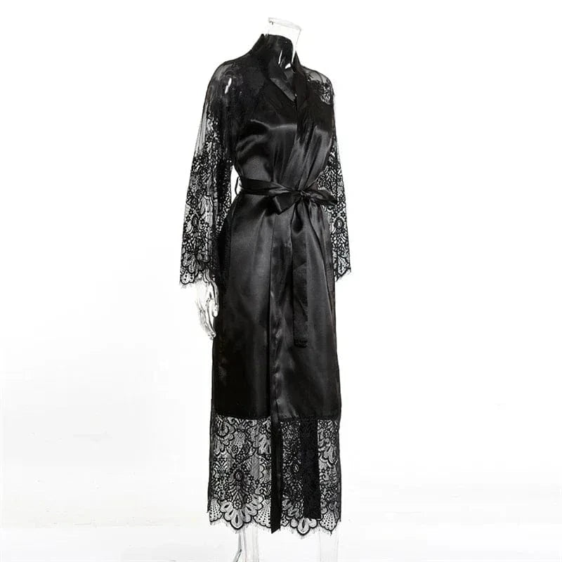 Sleepwear Women's Bathrobe Sexy Lingerie Lace Satin Kimono Sleep Long Dress Robes Pajamas Nightgown - A-1 Thread Vault
