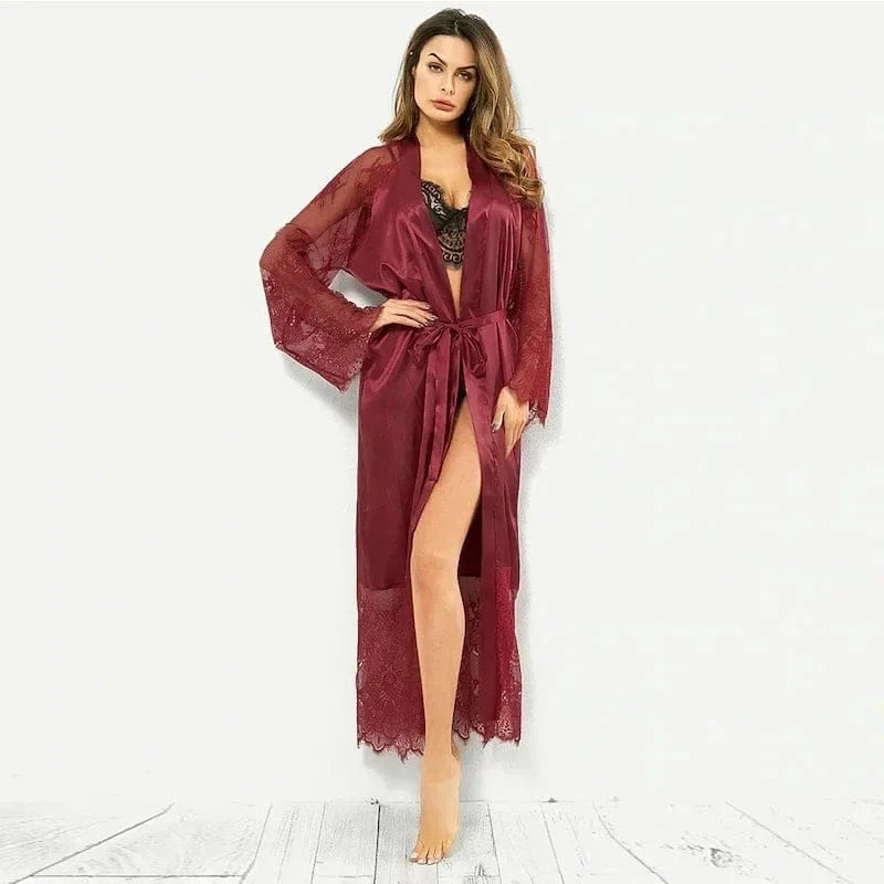 Sleepwear Women's Bathrobe Sexy Lingerie Lace Satin Kimono Sleep Long Dress Robes Pajamas Nightgown - A-1 Thread Vault