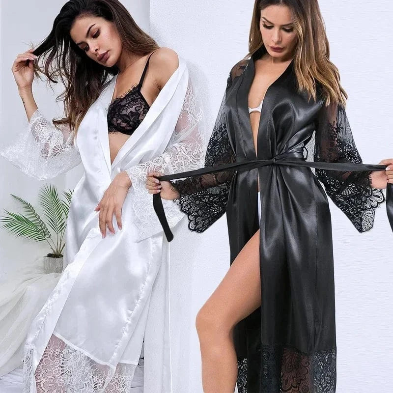 Sleepwear Women's Bathrobe Sexy Lingerie Lace Satin Kimono Sleep Long Dress Robes Pajamas Nightgown - A-1 Thread Vault