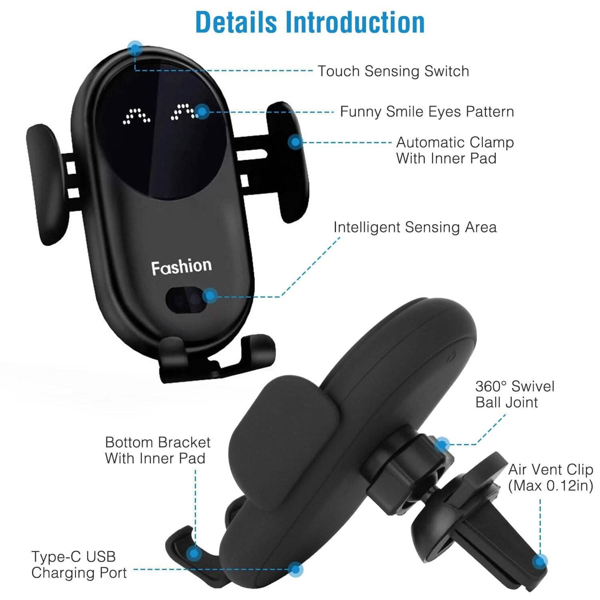 Smart Car Wireless Charger Auto Sensing Phone Holder 10W Qi Fast Charging Air Vent - A-1 Thread Vault
