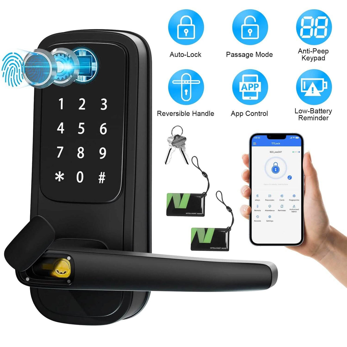 Smart Door Lock with Handle Fingerprints Passcode Keys Fobs App Control - A-1 Thread Vault