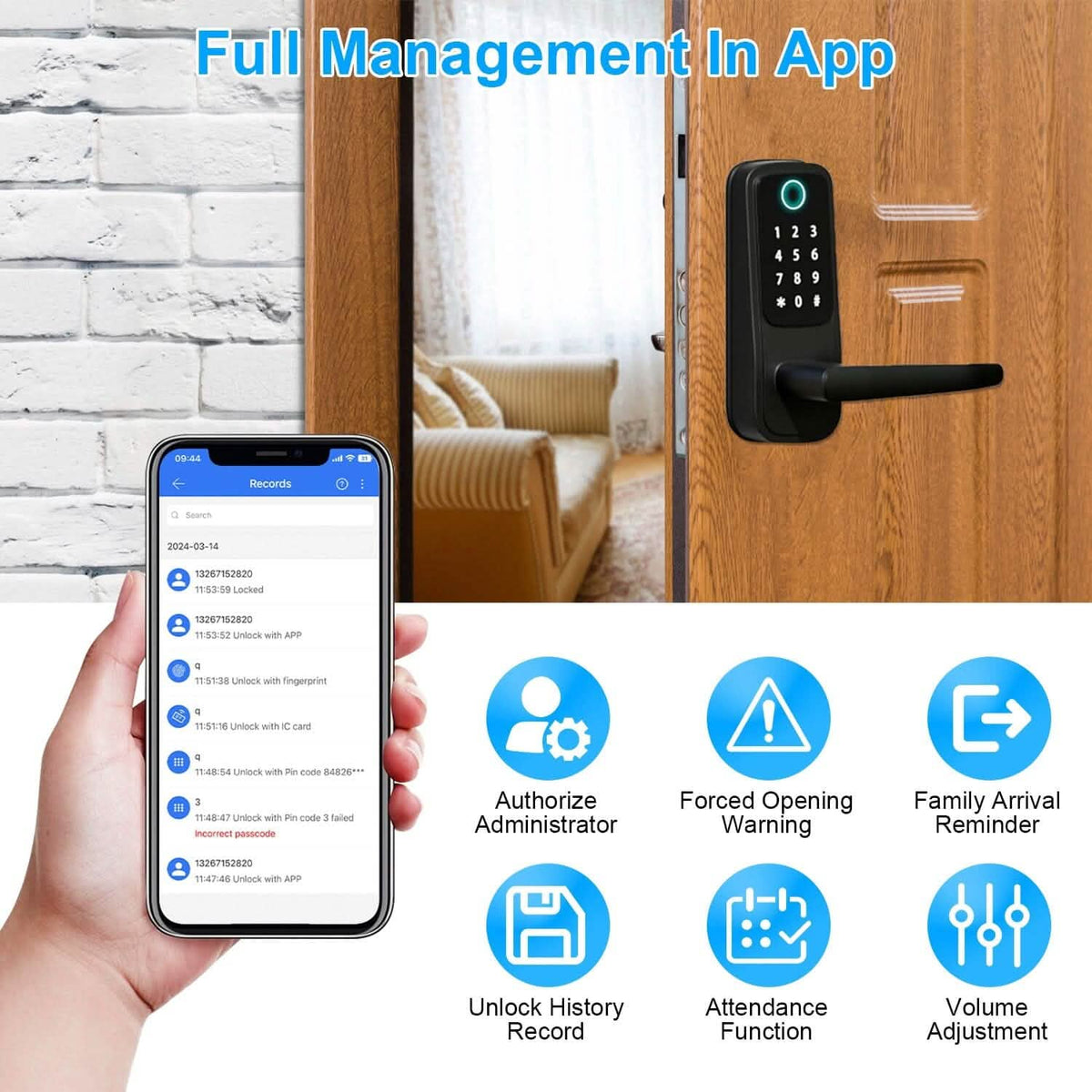 Smart Door Lock with Handle Fingerprints Passcode Keys Fobs App Control - A-1 Thread Vault