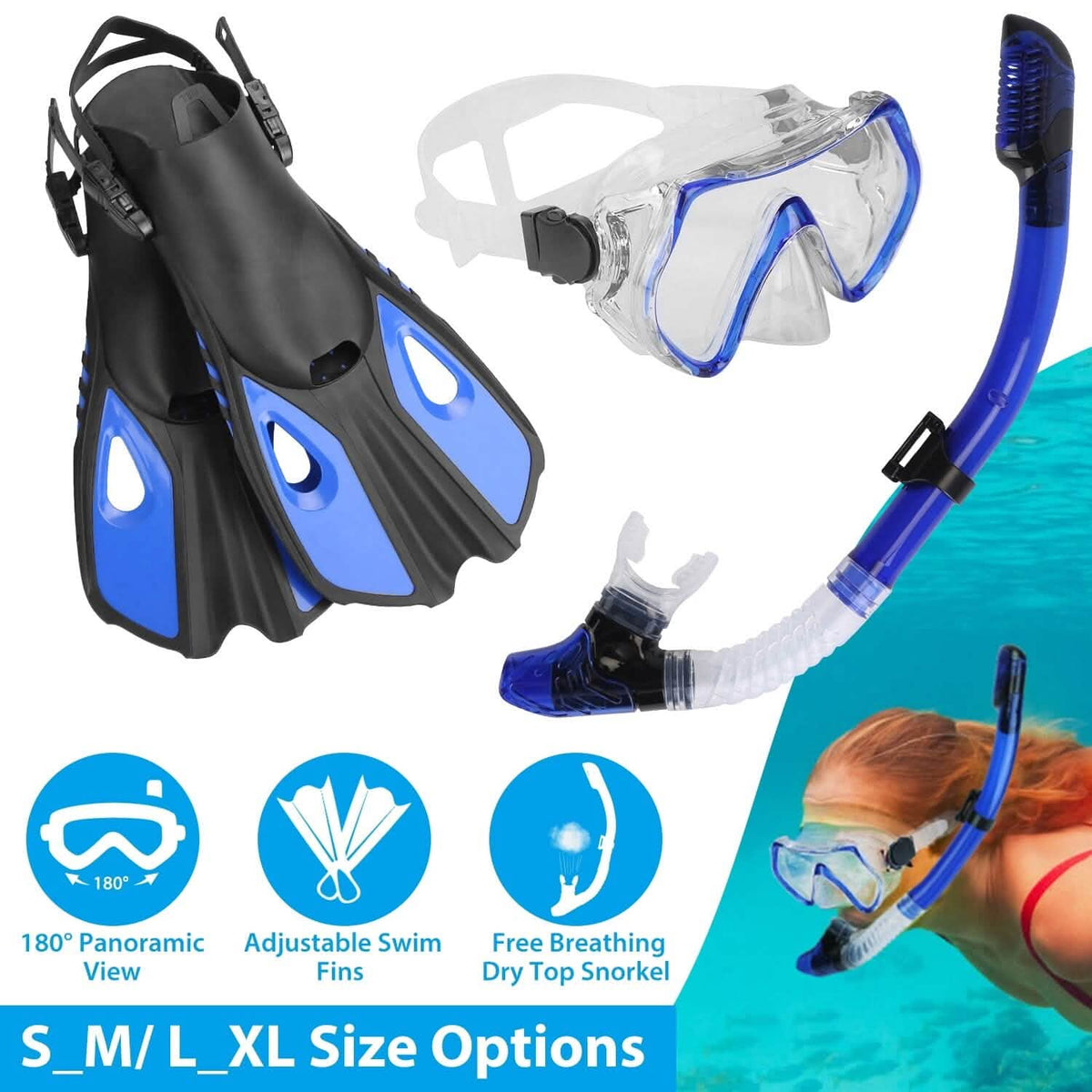 Snorkling Gear Mask Fin Set with Adjustable Swim Fins - A-1 Thread Vault