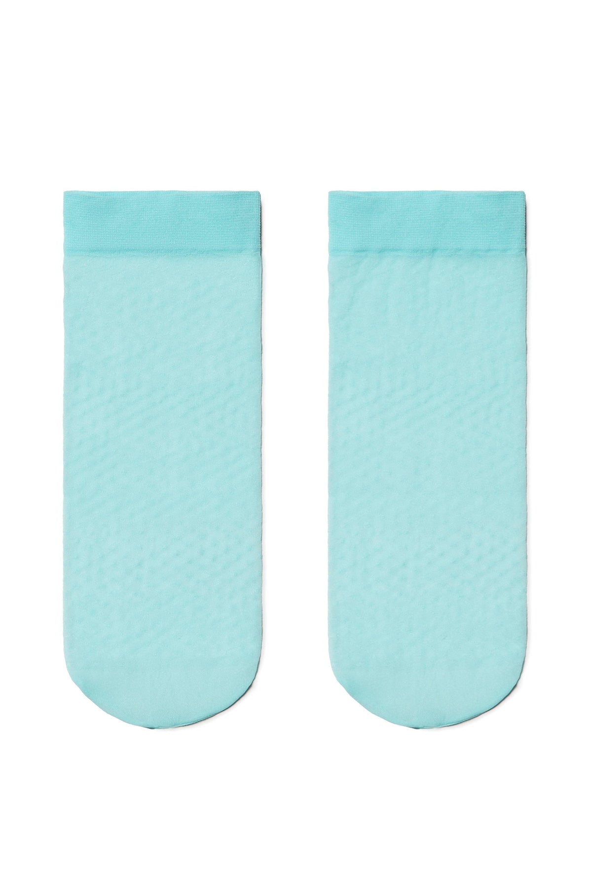 A pair of sheer light blue ankle socks laid flat against a white background.