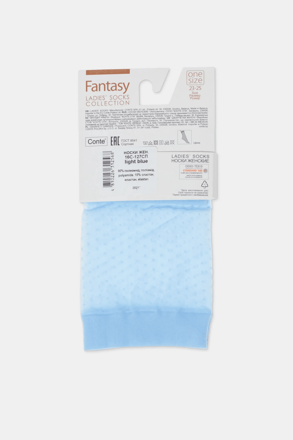 Light blue polka dot socks displayed on a white cardboard product tag with informational text and a barcode.