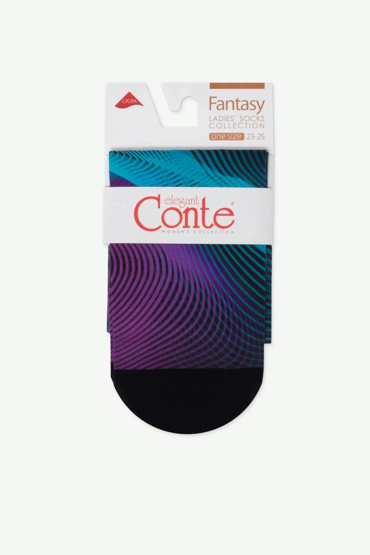 A pair of folded women's socks featuring a vibrant purple and teal gradient wave pattern on a black background, presented in white retail packaging with the brand name Conte visible.