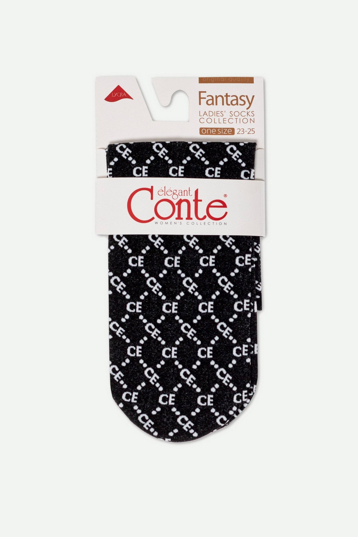 A pair of black women's socks in packaging, featuring a repeating white letter pattern that spells CE.