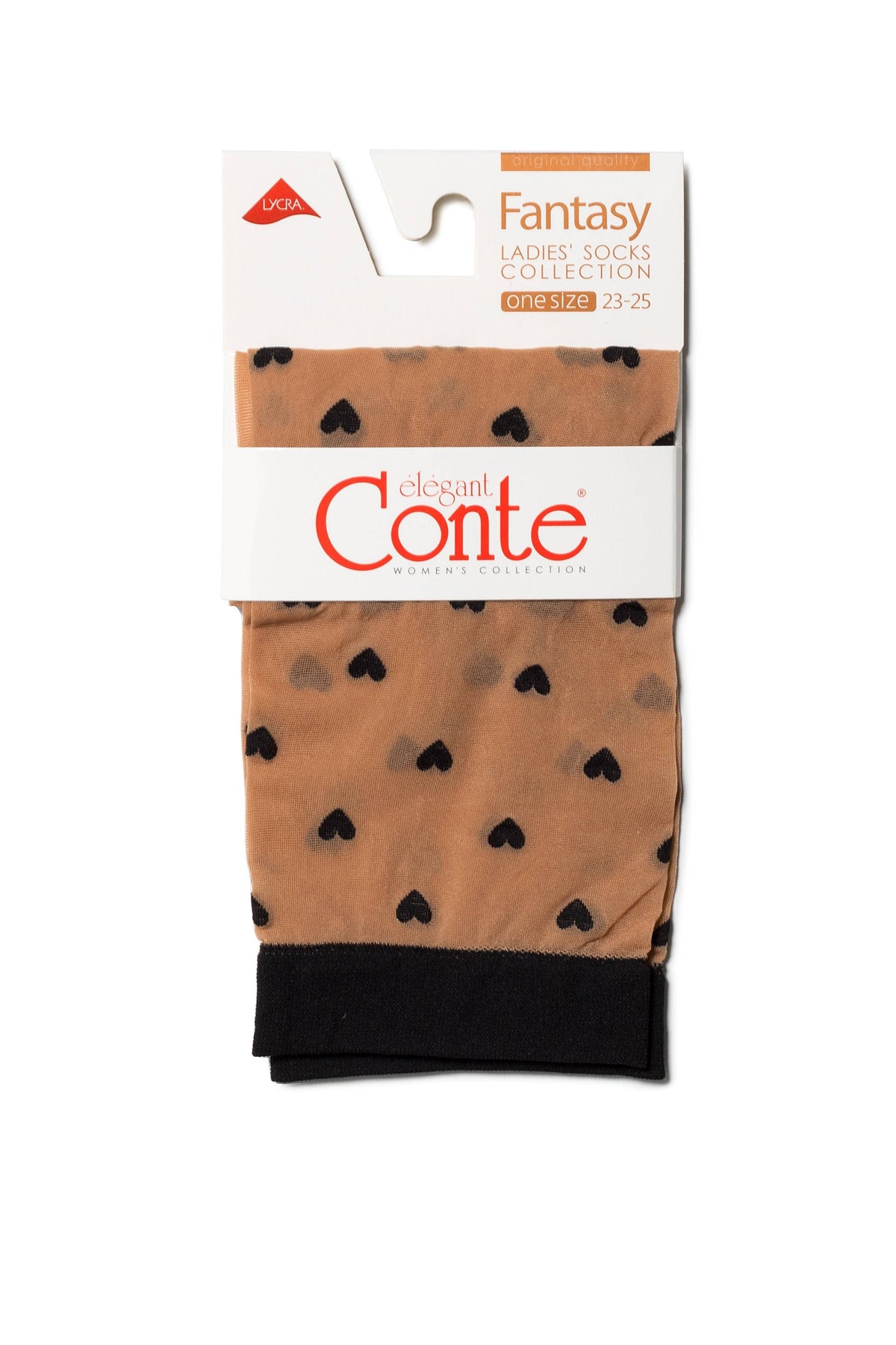 Tan-colored sheer women's ankle socks featuring a repeating pattern of small black hearts and a solid black ribbed cuff, displayed on a retail product header card.