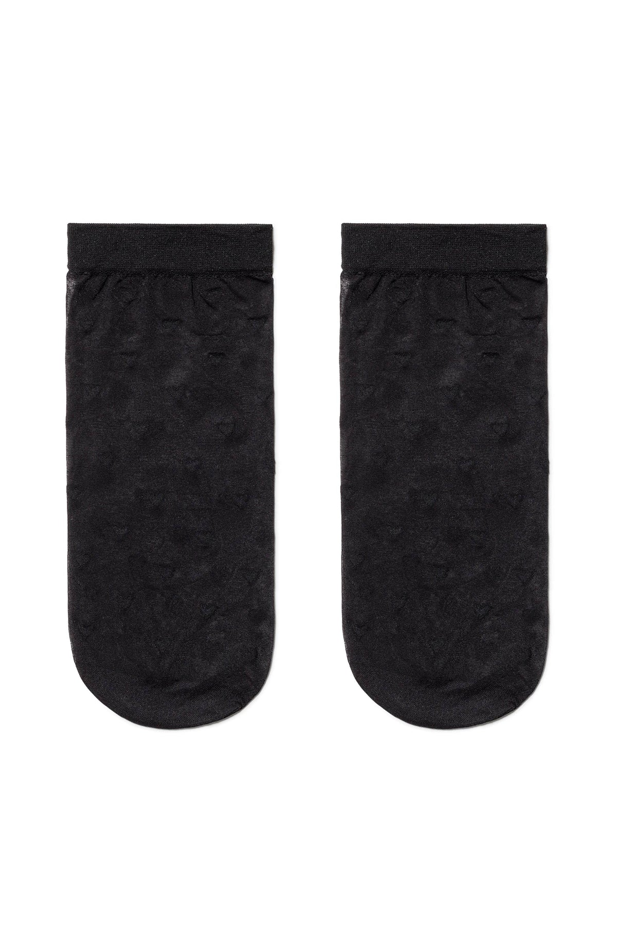 A pair of sheer black ankle socks with a subtle patterned texture laid flat against a white background.