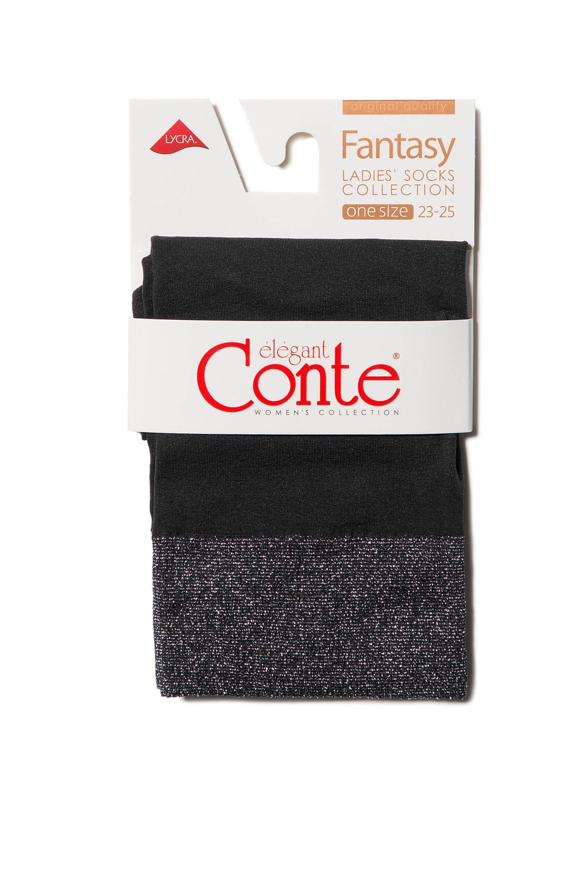 A pair of folded black socks with a wide metallic silver glitter band at the top, presented in packaging labeled with product information.