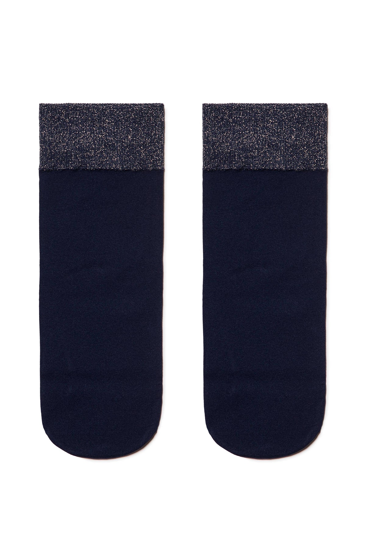 A pair of dark navy ankle socks featuring a shimmering metallic copper or bronze cuff at the top.