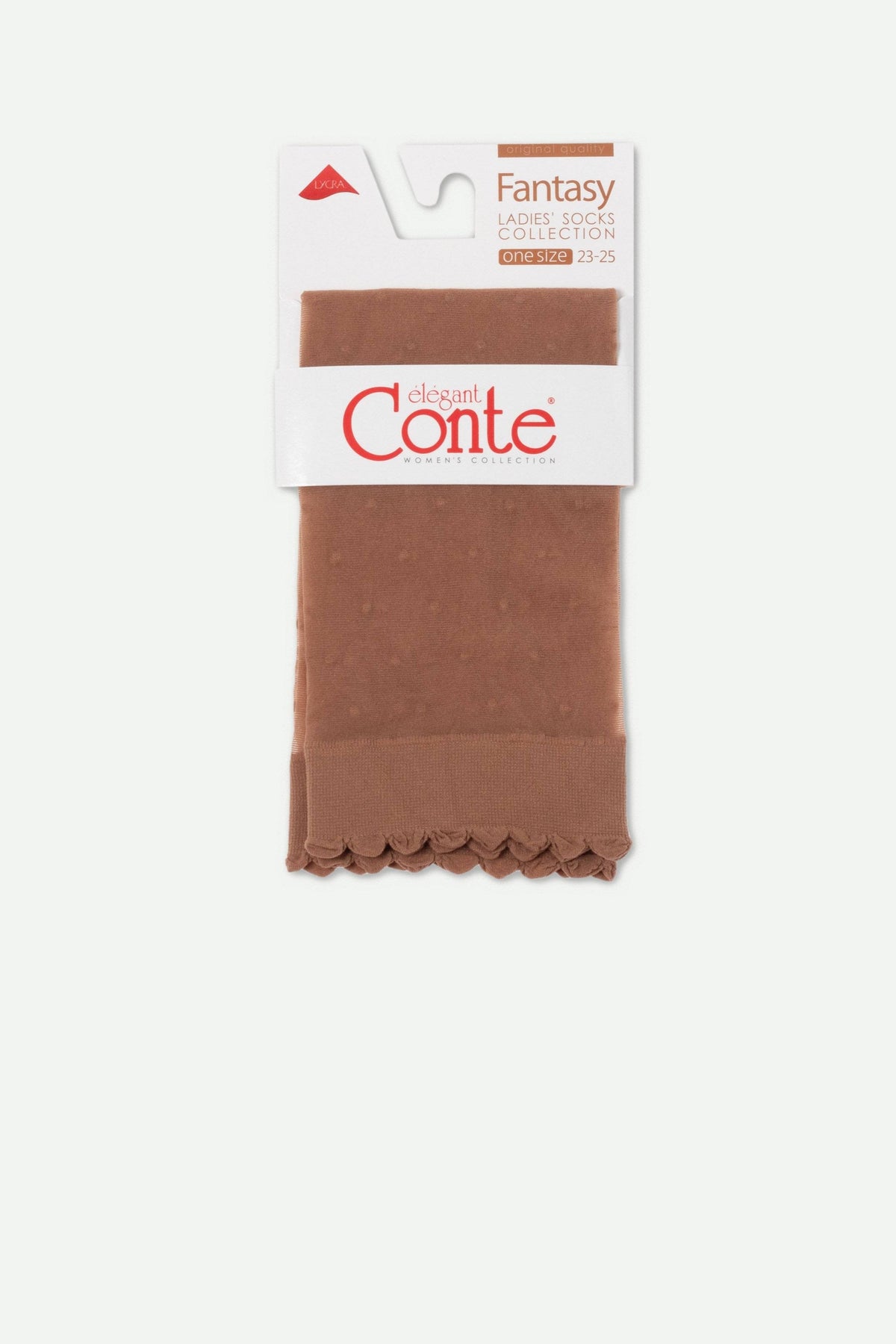 A pair of sheer tan women's socks featuring a subtle dotted pattern and a decorative scalloped edge at the cuff, displayed on a product card.