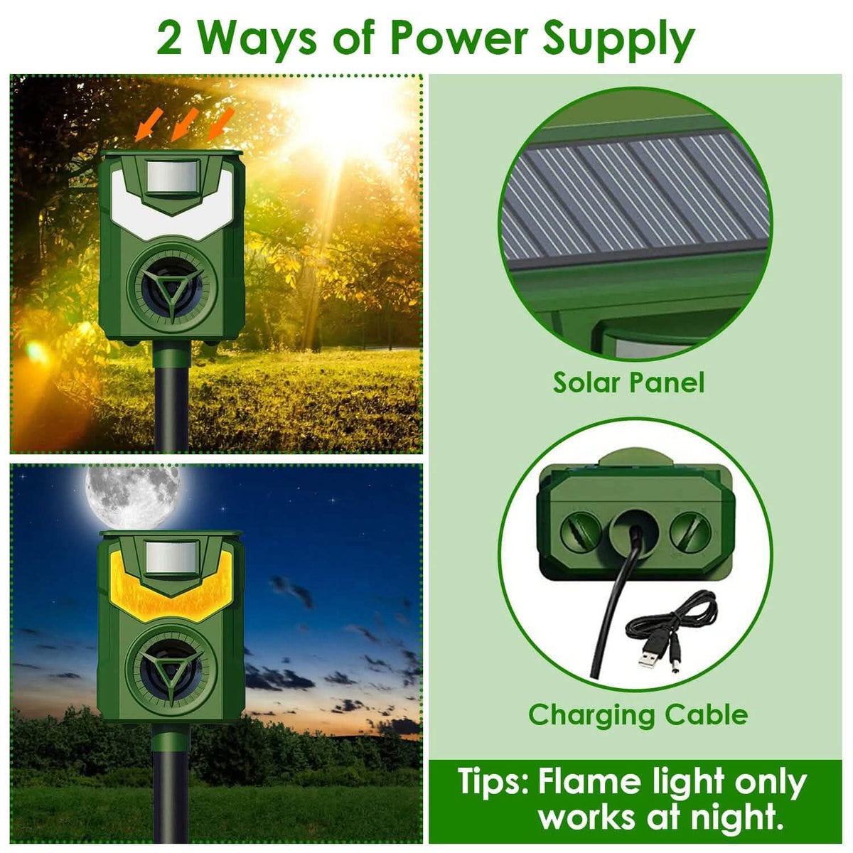 Solar Ultrasonic Animal Repeller with Flame Light USB Charge Motion Sensor - A-1 Thread Vault