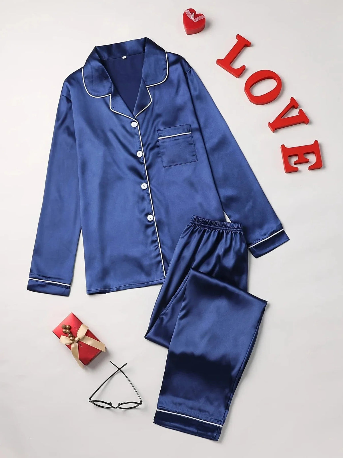 Solid Pajama Set Long Sleeve Button Up Lapel Top & Pants Pj Set Women's Sleepwear & Loungewear - A-1 Thread Vault