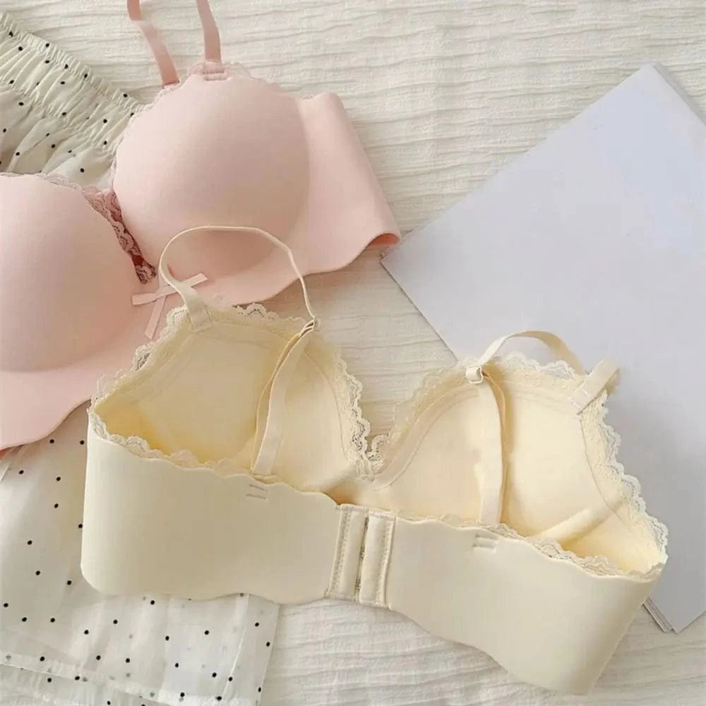 Solid Push Up Wireless Deep V Bra Shockproof Anti-sagging Lace Bowknot Bra Adjustable Lingerie Seamless Bra Girls - A-1 Thread Vault
