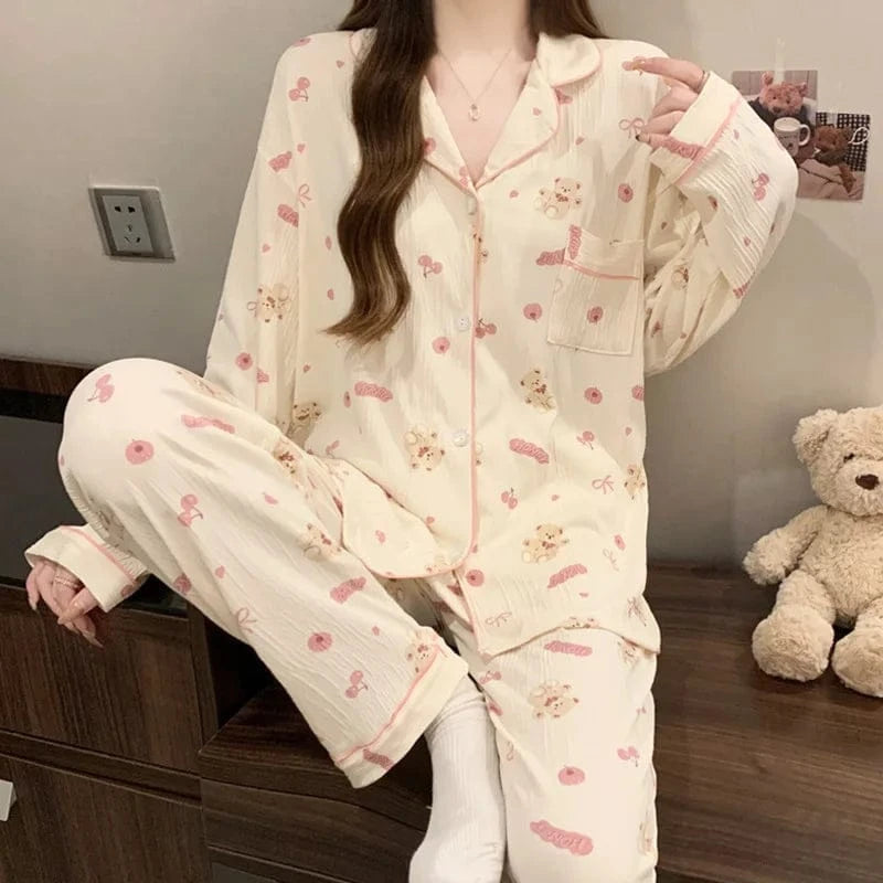 Spring and Autumn New Women's Pajamas Loungewear Set Girl Love Cardigan Pajamas Crinkled Fabric Loungewear Long Sleeve Set - A-1 Thread Vault