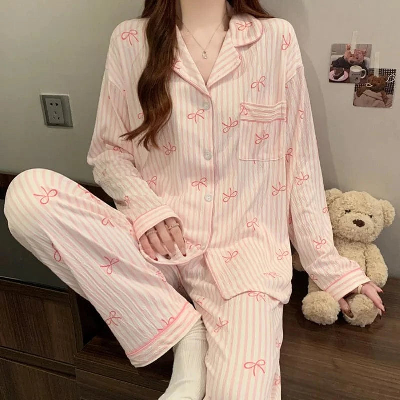 Spring and Autumn New Women's Pajamas Loungewear Set Girl Love Cardigan Pajamas Crinkled Fabric Loungewear Long Sleeve Set - A-1 Thread Vault