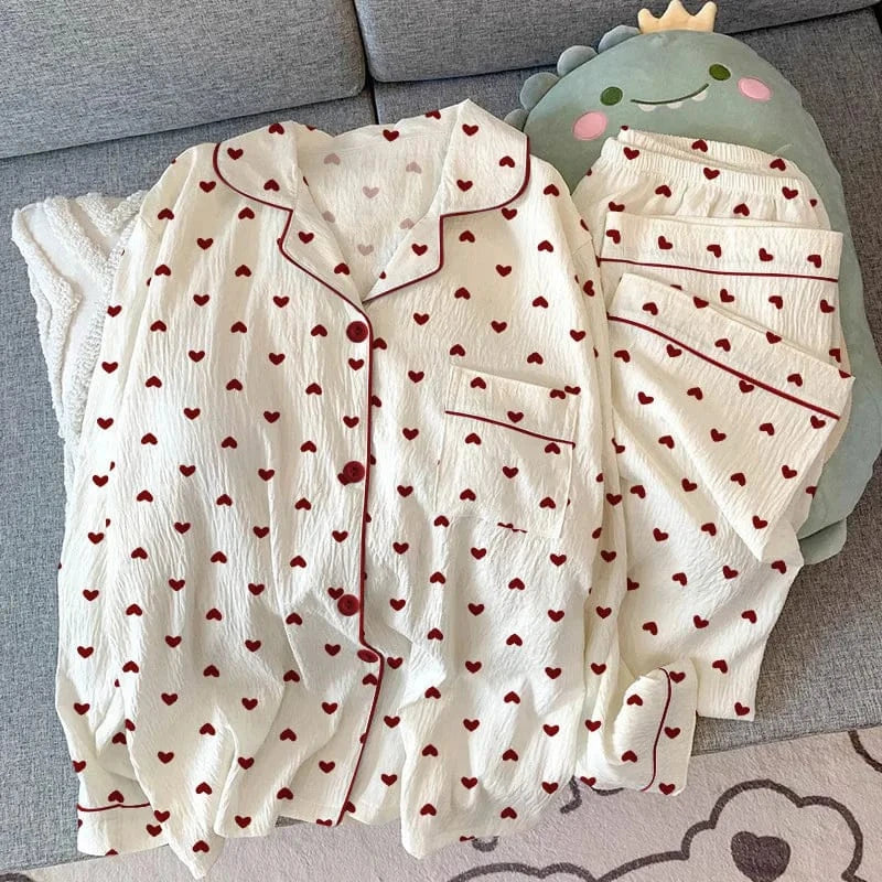 Spring and Autumn New Women's Pajamas Loungewear Set Girl Love Cardigan Pajamas Crinkled Fabric Loungewear Long Sleeve Set - A-1 Thread Vault