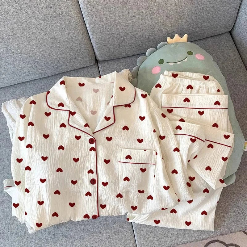 Spring and Autumn New Women's Pajamas Loungewear Set Girl Love Cardigan Pajamas Crinkled Fabric Loungewear Long Sleeve Set - A-1 Thread Vault
