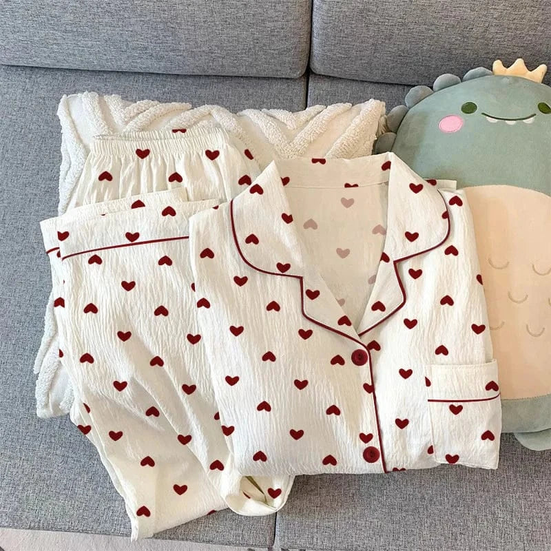 Spring and Autumn New Women's Pajamas Loungewear Set Girl Love Cardigan Pajamas Crinkled Fabric Loungewear Long Sleeve Set - A-1 Thread Vault
