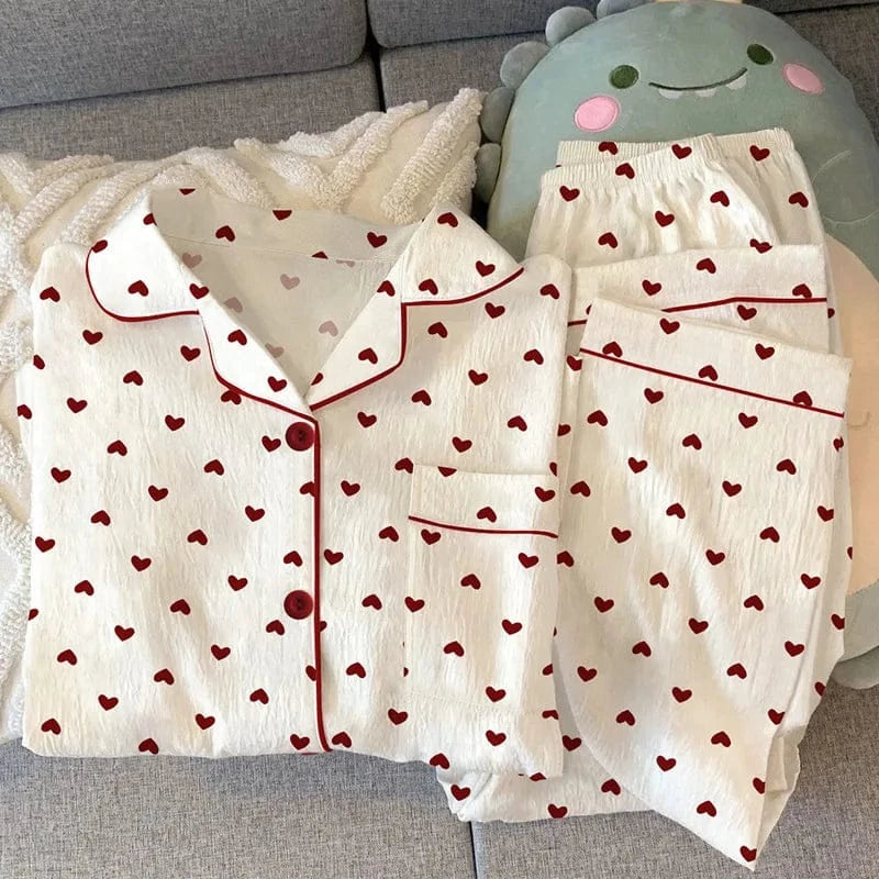 Spring and Autumn New Women's Pajamas Loungewear Set Girl Love Cardigan Pajamas Crinkled Fabric Loungewear Long Sleeve Set - A-1 Thread Vault