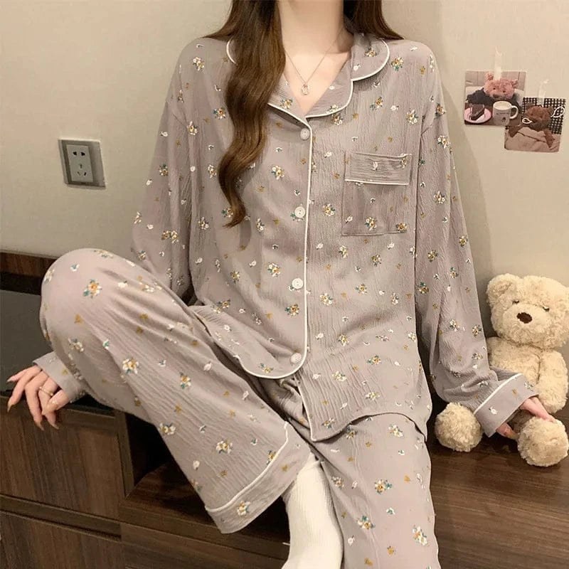 Spring and Autumn New Women's Pajamas Loungewear Set Girl Love Cardigan Pajamas Crinkled Fabric Loungewear Long Sleeve Set - A-1 Thread Vault