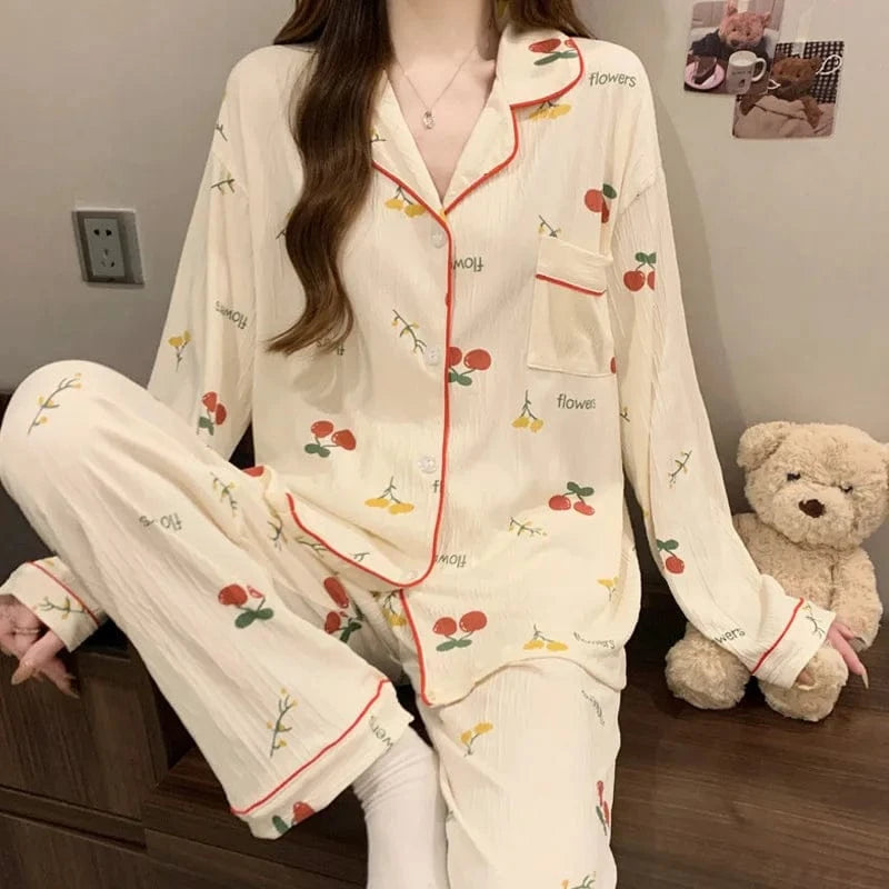 Spring and Autumn New Women's Pajamas Loungewear Set Girl Love Cardigan Pajamas Crinkled Fabric Loungewear Long Sleeve Set - A-1 Thread Vault