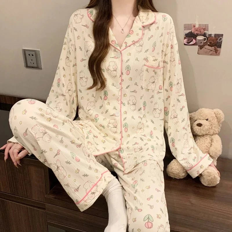Spring and Autumn New Women's Pajamas Loungewear Set Girl Love Cardigan Pajamas Crinkled Fabric Loungewear Long Sleeve Set - A-1 Thread Vault