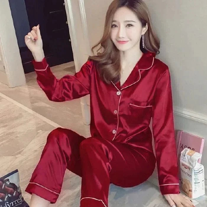 Spring Autumn Silk Pajamas Set for Women Casual Soft Nightwear Long Shirt Tops and Long Pants Cardigan Sleepwear Homewear - A-1 Thread Vault