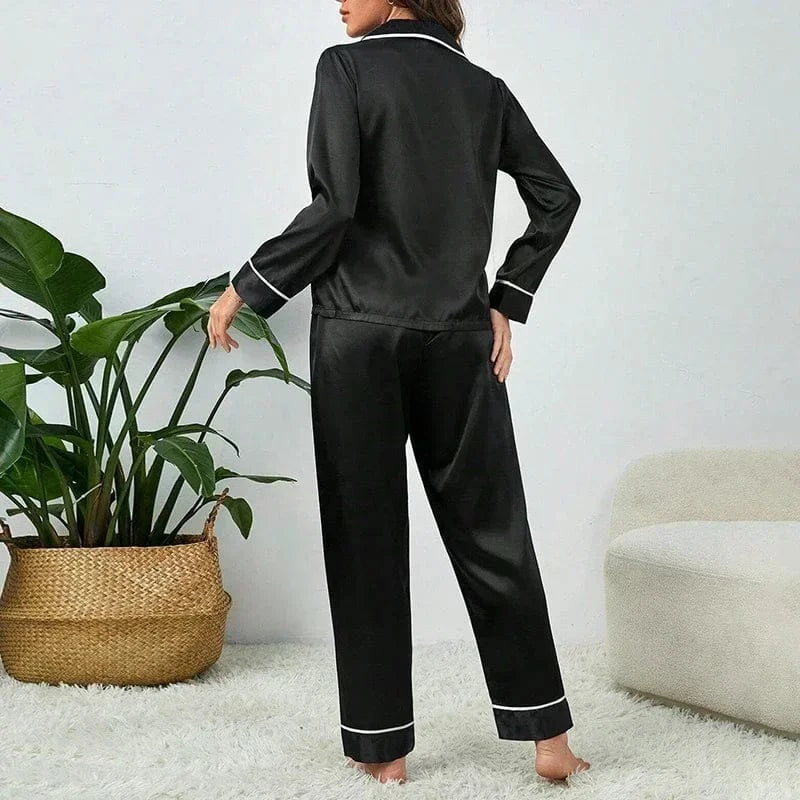 Spring Autumn Silk Pajamas Set for Women Casual Soft Nightwear Long Shirt Tops and Long Pants Cardigan Sleepwear Homewear - A-1 Thread Vault