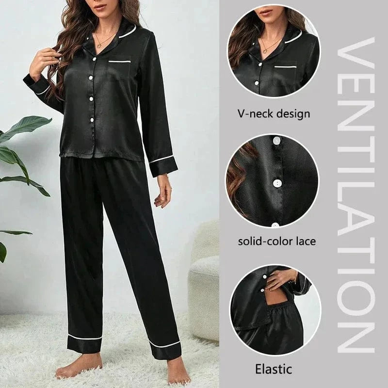 Spring Autumn Silk Pajamas Set for Women Casual Soft Nightwear Long Shirt Tops and Long Pants Cardigan Sleepwear Homewear - A-1 Thread Vault