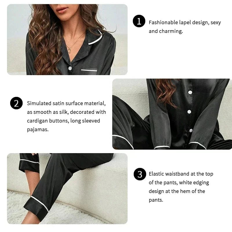 Spring Autumn Silk Pajamas Set for Women Casual Soft Nightwear Long Shirt Tops and Long Pants Cardigan Sleepwear Homewear - A-1 Thread Vault