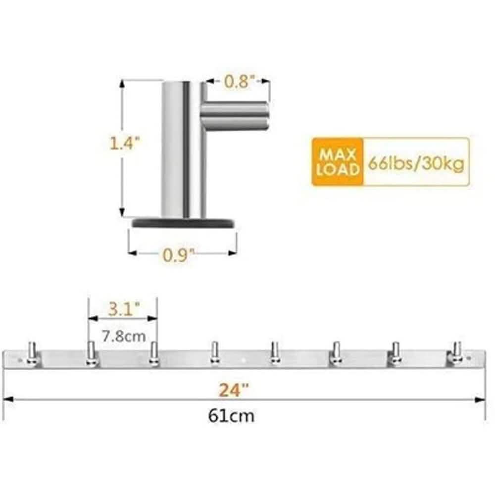Stainless Steel 24" Wall Mounted Rack with 8 Hooks - Silver - A-1 Thread Vault