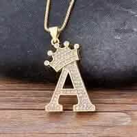 Stainless Steel Gold Overlay Hip Hop Crown A-Z Letters Necklace for Men and Women - A-1 Thread Vault