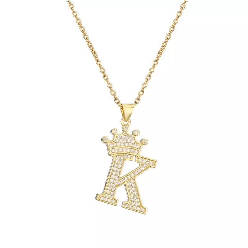 Stainless Steel Gold Overlay Hip Hop Crown A-Z Letters Necklace for Men and Women - A-1 Thread Vault