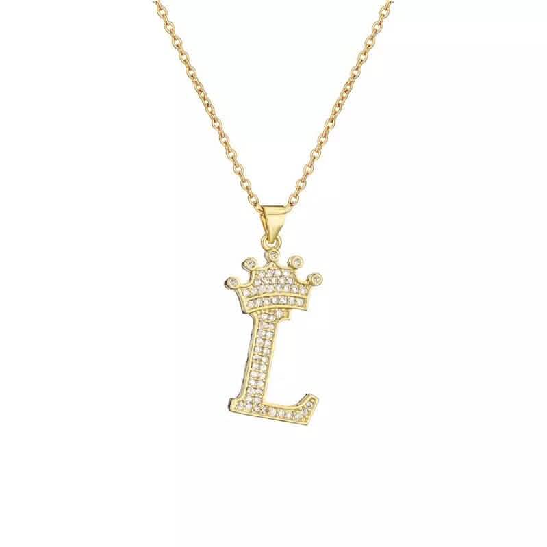 Stainless Steel Gold Overlay Hip Hop Crown A-Z Letters Necklace for Men and Women - A-1 Thread Vault