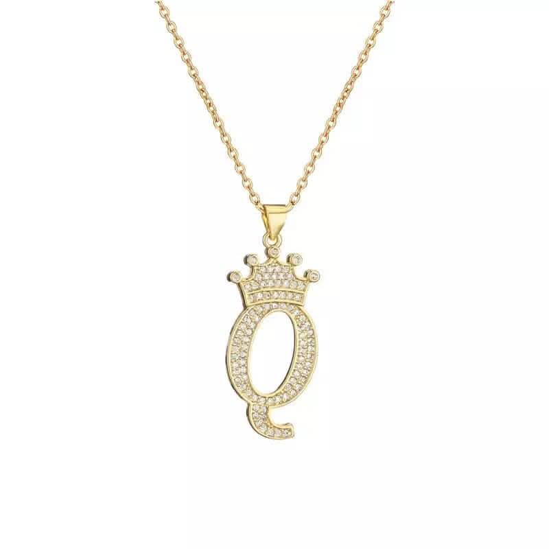 Stainless Steel Gold Overlay Hip Hop Crown A-Z Letters Necklace for Men and Women - A-1 Thread Vault
