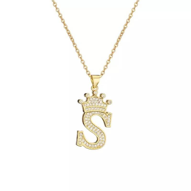 Stainless Steel Gold Overlay Hip Hop Crown A-Z Letters Necklace for Men and Women - A-1 Thread Vault
