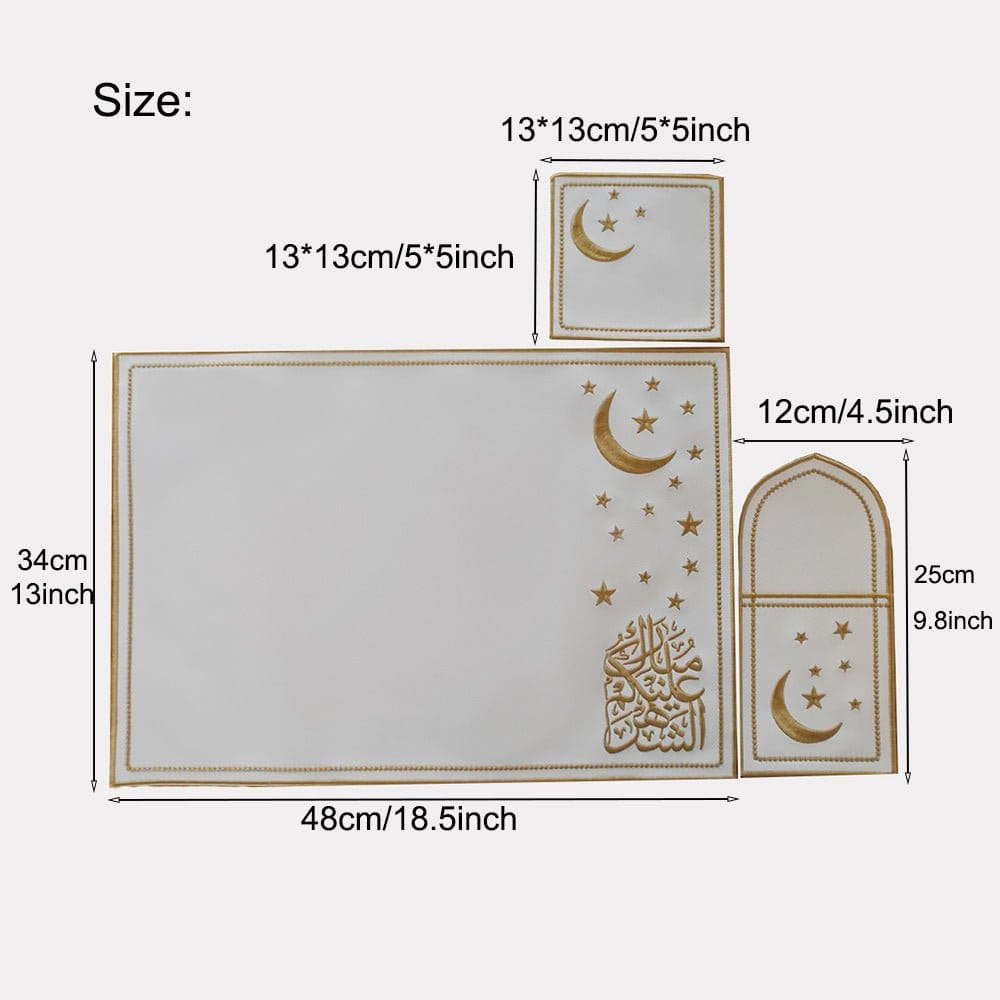 Star & Crescent Embroidered Leather Placemat Set | 3-Piece Dining Table Decor (MAC390) - A-1 Thread Vault