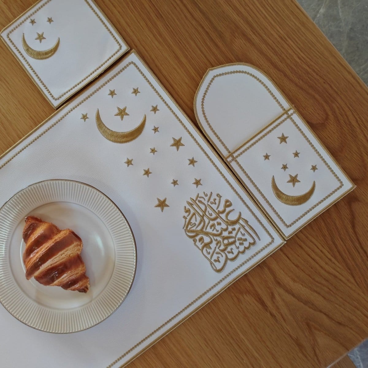Star & Crescent Embroidered Leather Placemat Set | 3-Piece Dining Table Decor (MAC390) - A-1 Thread Vault