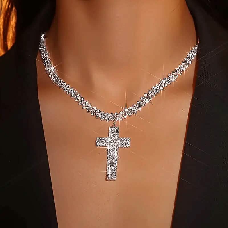 Sterling Silver 925 Luxury Cross Pendant Necklace with Multi-Layer Zircon and Sparkling Rhinestones - A-1 Thread Vault