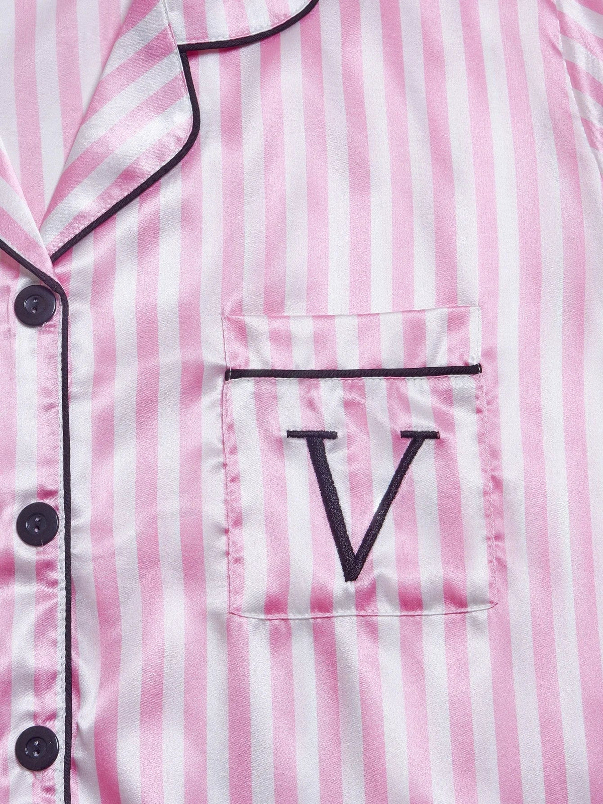 Striped Embroidered Letter Pocket Short Sleeve and Shorts Pajama Set, Casual Satin Sleepwear with Lapel Collar and Button Detail - A-1 Thread Vault