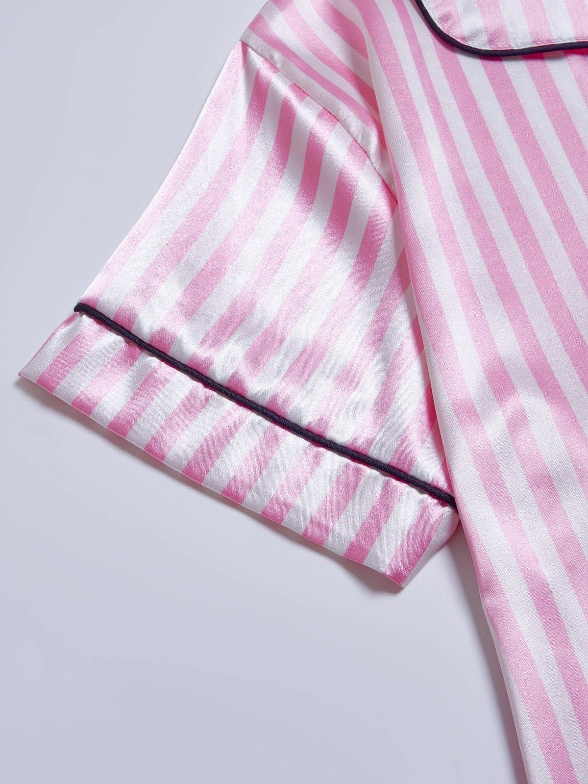 Striped Embroidered Letter Pocket Short Sleeve and Shorts Pajama Set, Casual Satin Sleepwear with Lapel Collar and Button Detail - A-1 Thread Vault