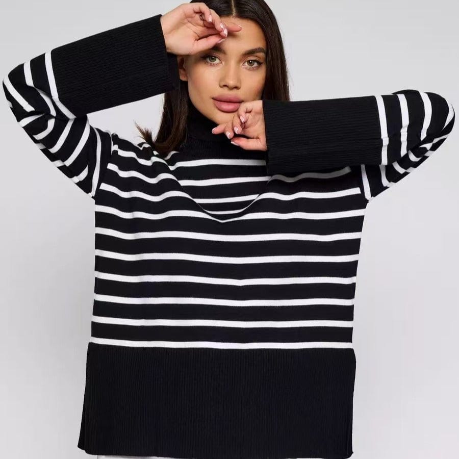 Striped Turtleneck Sweater | Oversized Colorblock Pullover(MS252) - A-1 Thread Vault