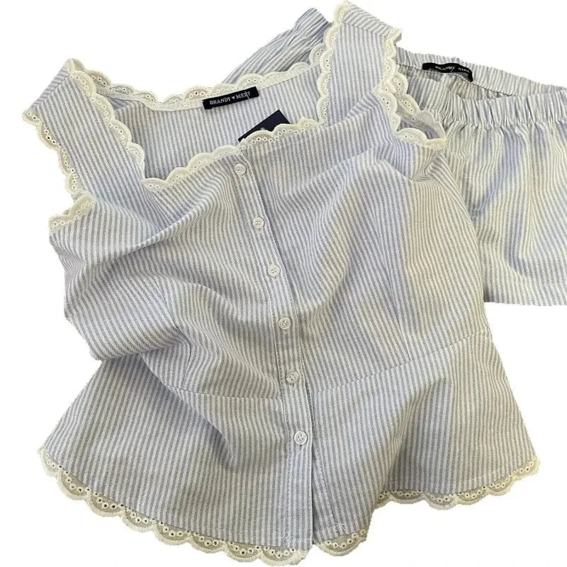 Striped Women Pajamas Summer Sleepwear Sleeveless Shorts Sets 2 Pieces Lace Night Wears Tank Korean Sleeping Home Suit 2025 New - A-1 Thread Vault