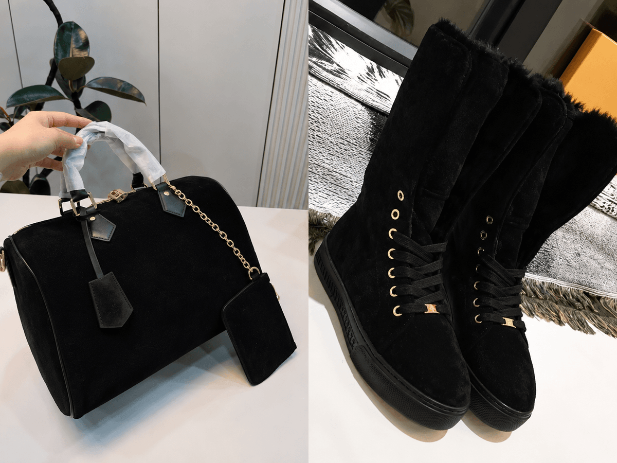 Suede Monogram Winter Set – Fur-Lined Boots + Matching Handbag (2-Piece Bundle) - A-1 Thread Vault