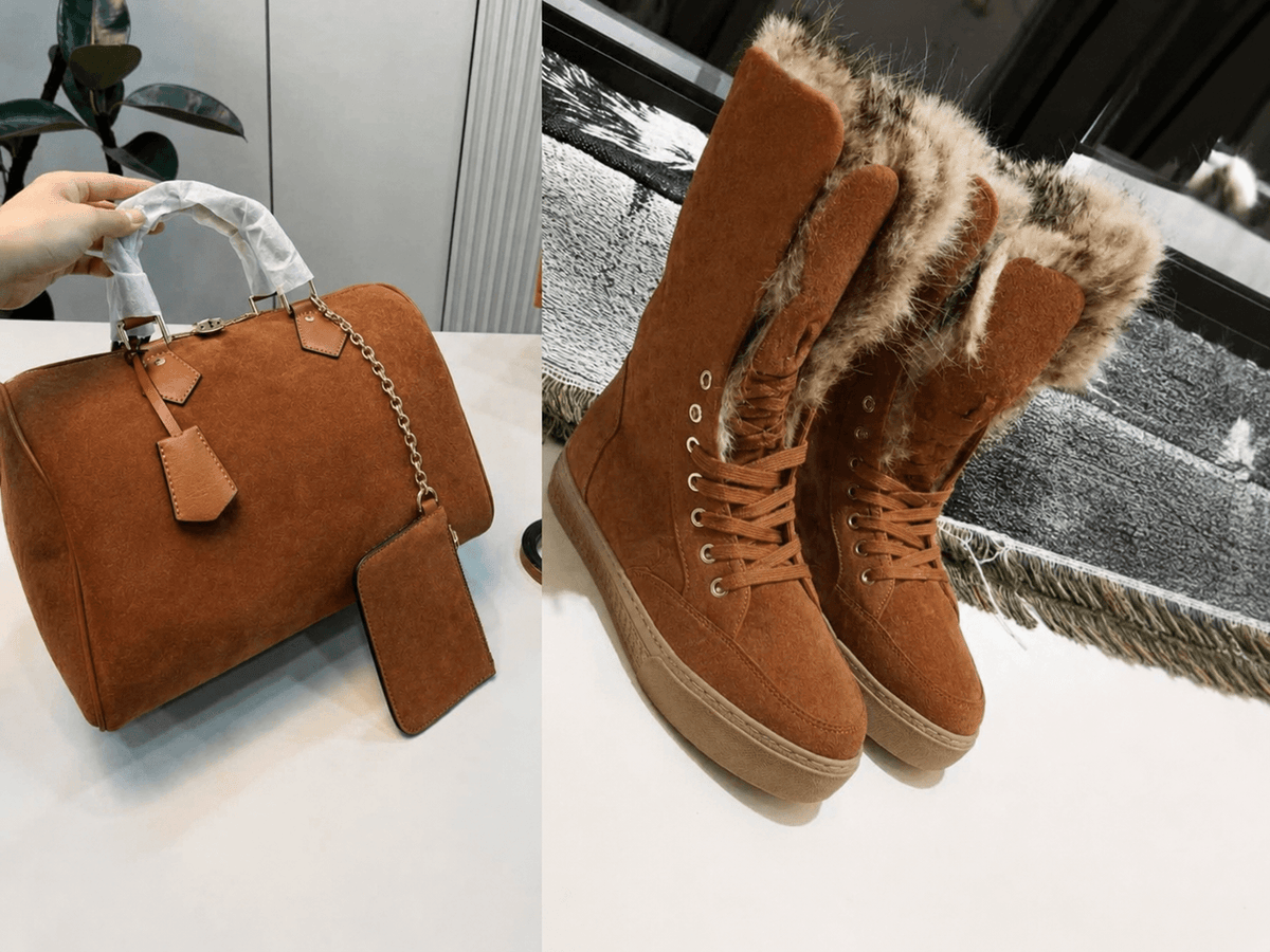 Suede Monogram Winter Set – Fur-Lined Boots + Matching Handbag (2-Piece Bundle) - A-1 Thread Vault