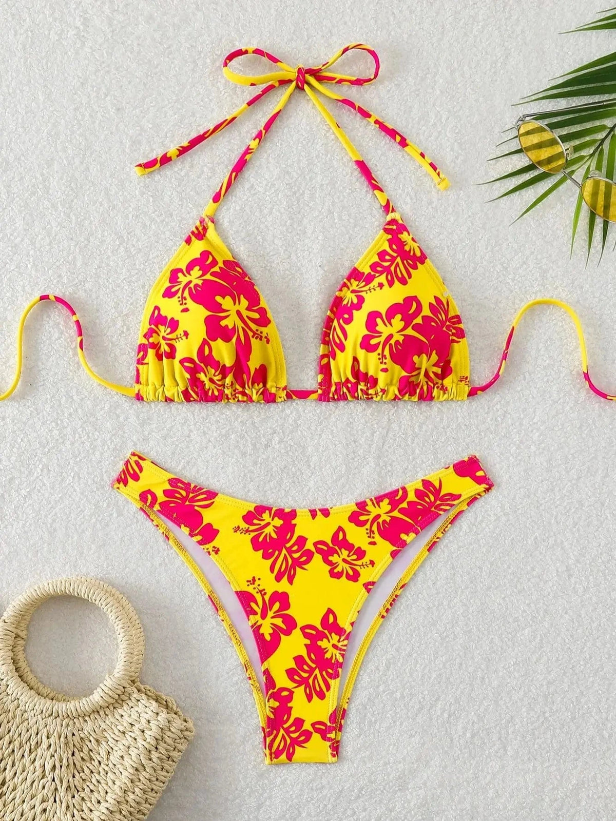 Summer retro floral print 2-piece bikini lace up swimsuit sexy high waisted women's swimsuit - A-1 Thread Vault
